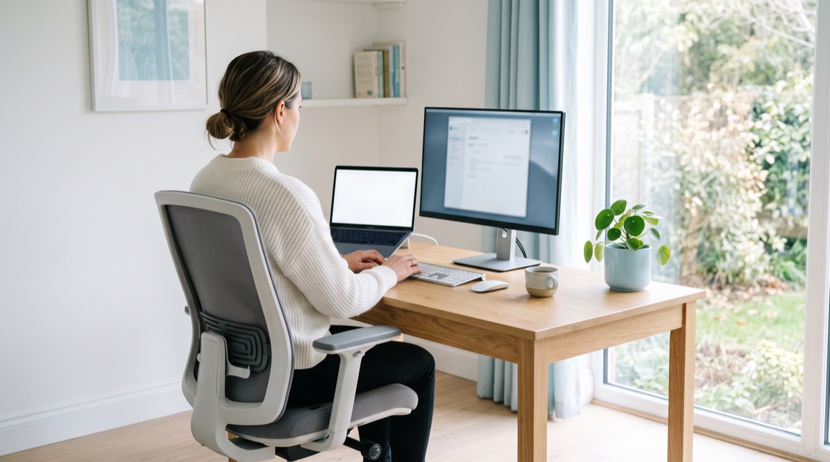 Ev ofisinde dik oturuş ve ergonomik çalışma düzeni